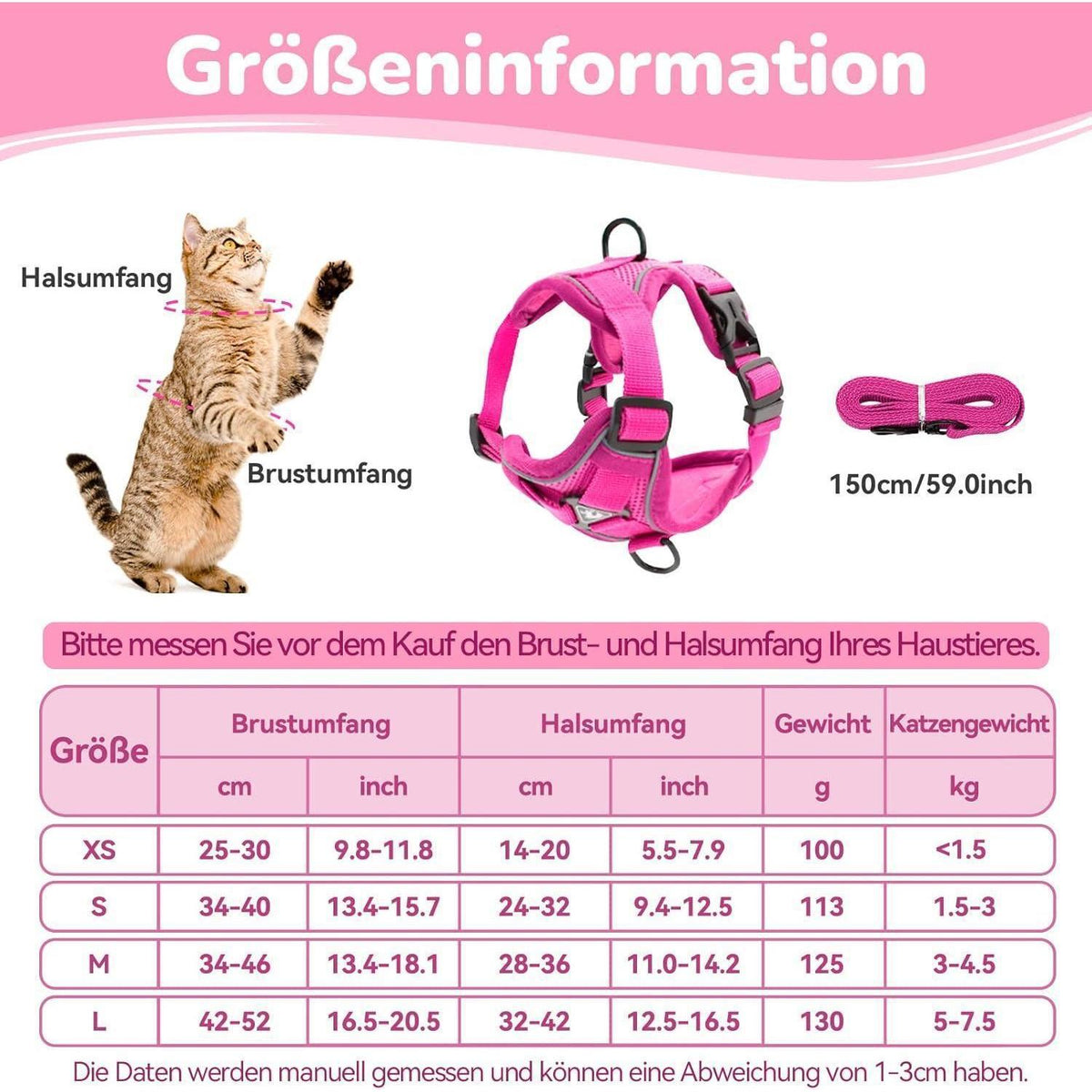Ausbruchsicheres Katzengeschirr mit Leine, Rosa M