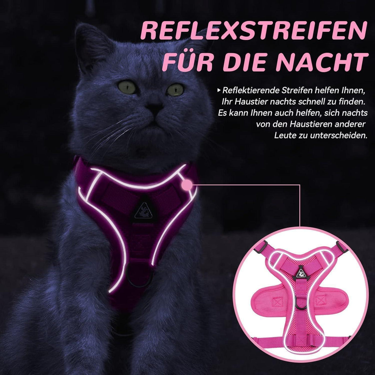 Ausbruchsicheres Katzengeschirr mit Leine, Rosa M