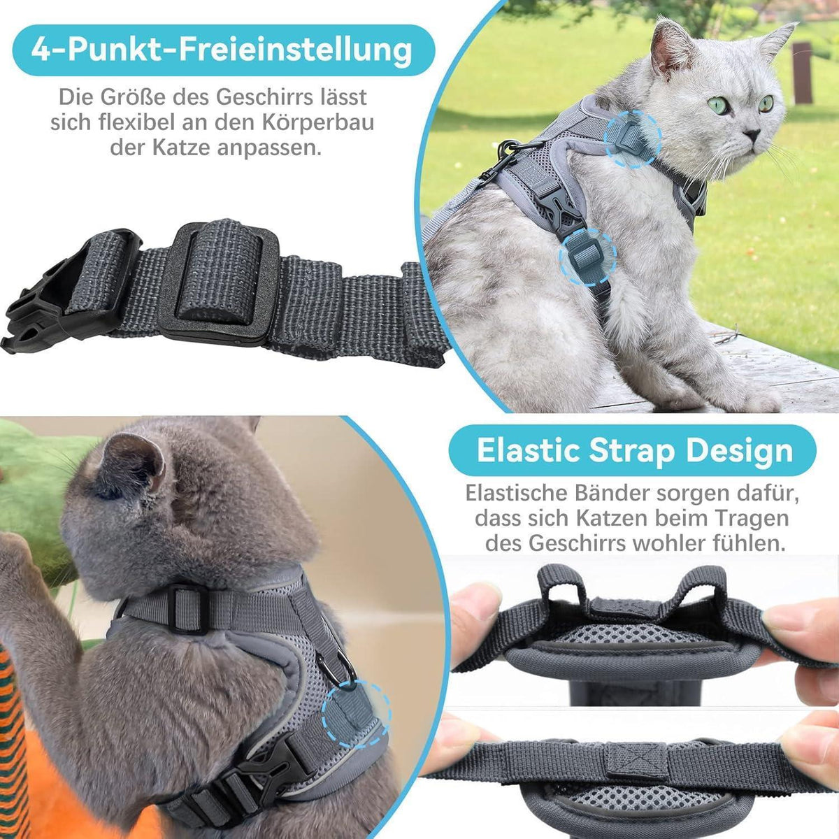 Ausbruchsicheres Katzengeschirr mit Leine, Grau L