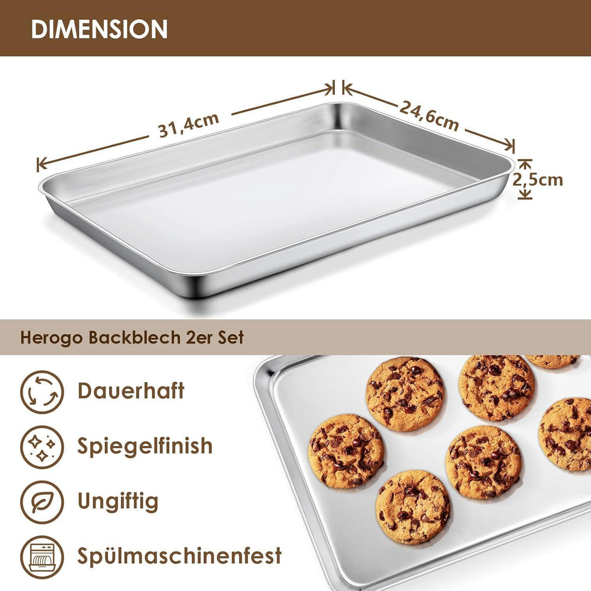 Edelstahl Backblech 2er Set, Spülmaschinenfest, 31,4x24,6cm