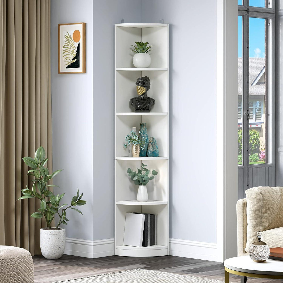 Weißes Eckregal 5-stöckig – Bücherregal für Wohnzimmer & Büro