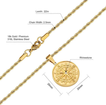 Herren Kompass Goldkette Münze Anhänger 55,9cm Edelstahl Kette