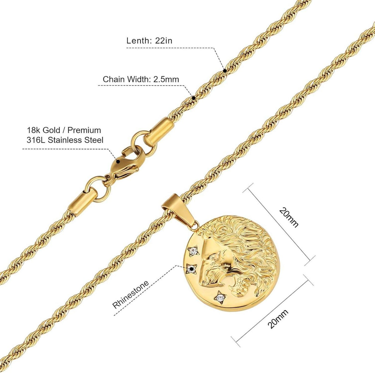 KRKC&CO Herren Kette Löwe Anhänger 2,5mm Gold Silber 55,9cm