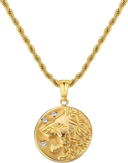 Herren Kette mit Löwe Anhänger Gold, 2,5mm Kordelkette 55,9cm, Geschenk für Männer Jungen