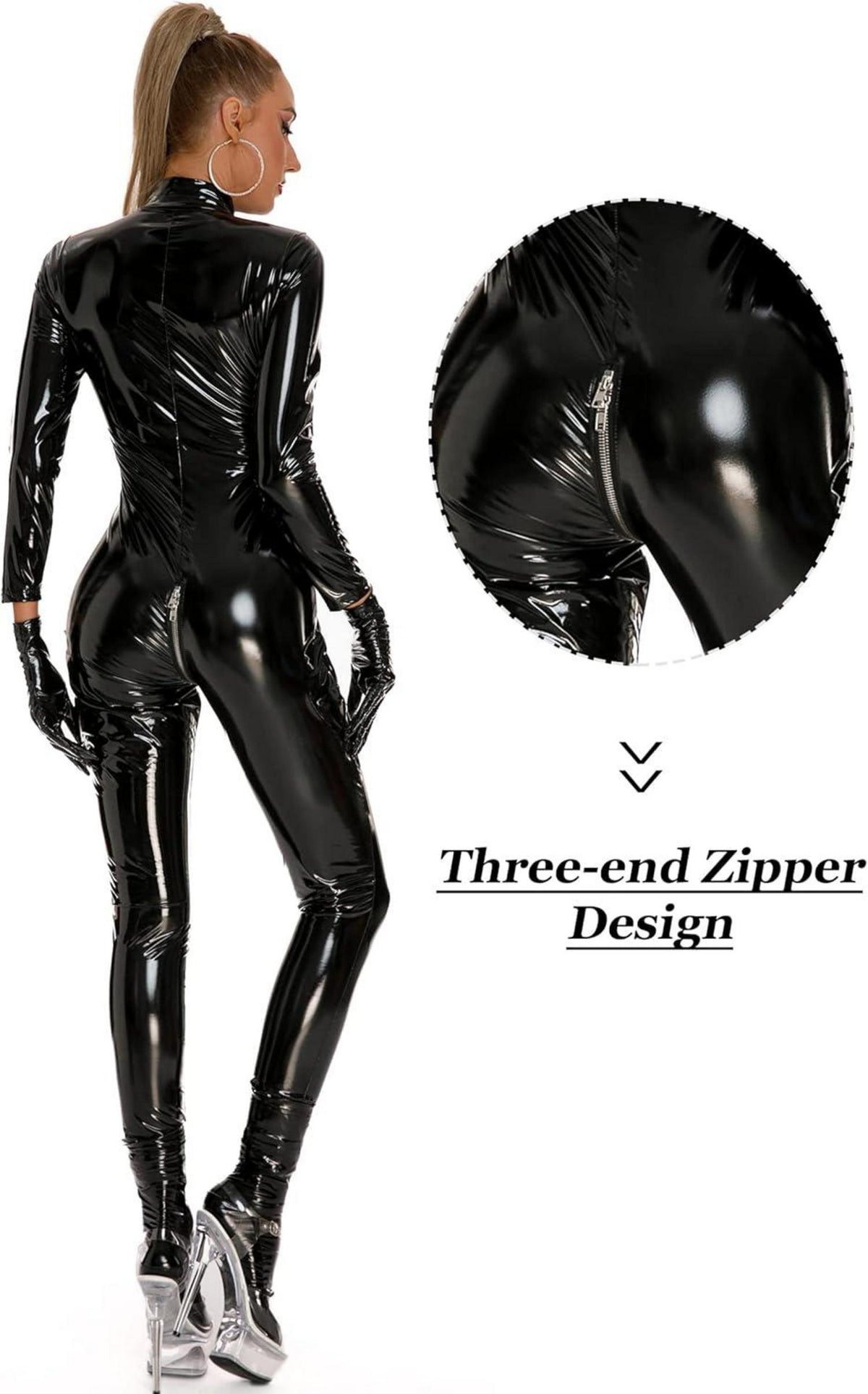 FEOYA Damen PU Leder Wet Look Bodysuit Figurbetont Clubwear A-schwarz M