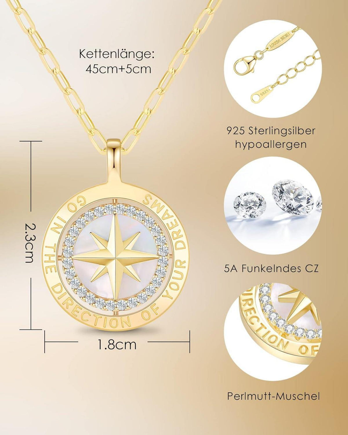 925 Sterling Silber Kompass Halskette mit Zirkon - Geschenk für Damen