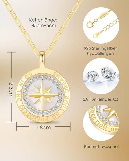 925 Sterling Silber Kompass Halskette mit Zirkon - Geschenk für Damen