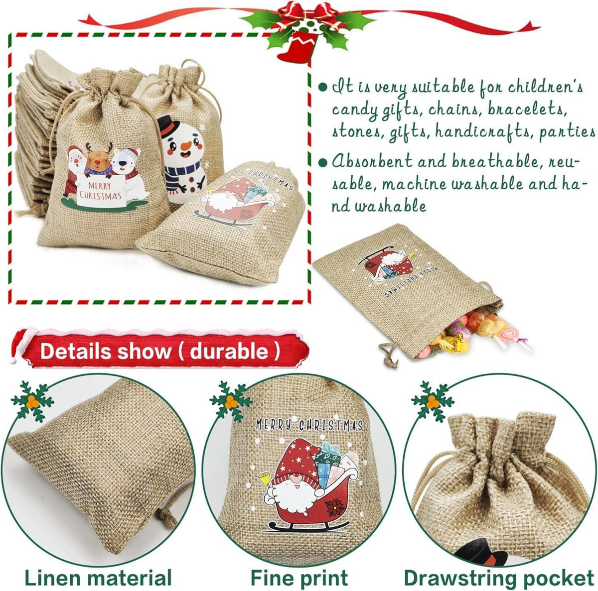 Adventskalender Säckchen zum Befüllen Weihnachtskalender Kinder Stoffbeutel (24