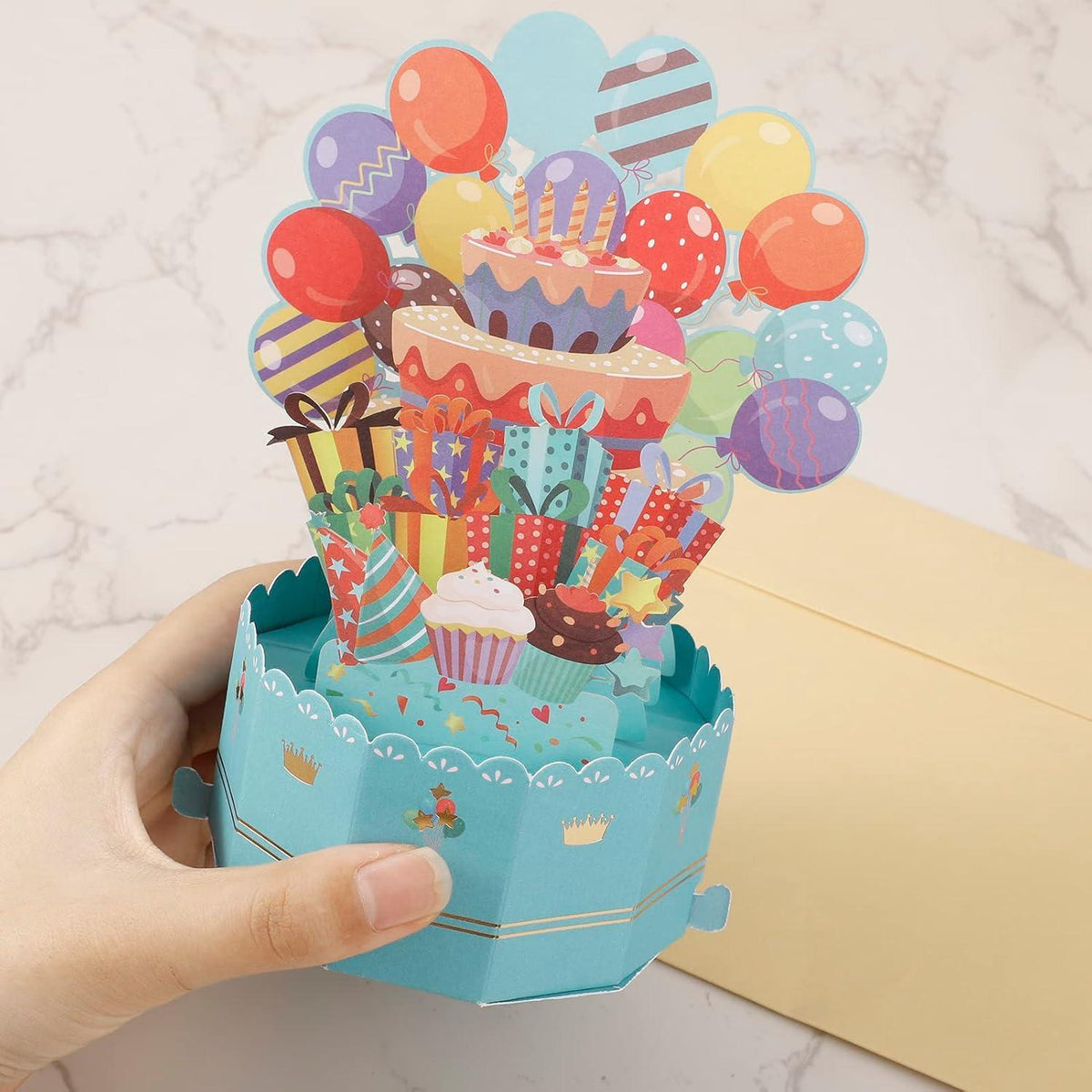 3D Pop Up Geburtstagskarte Happy Birthday Ballon Umschlag Kind Familie