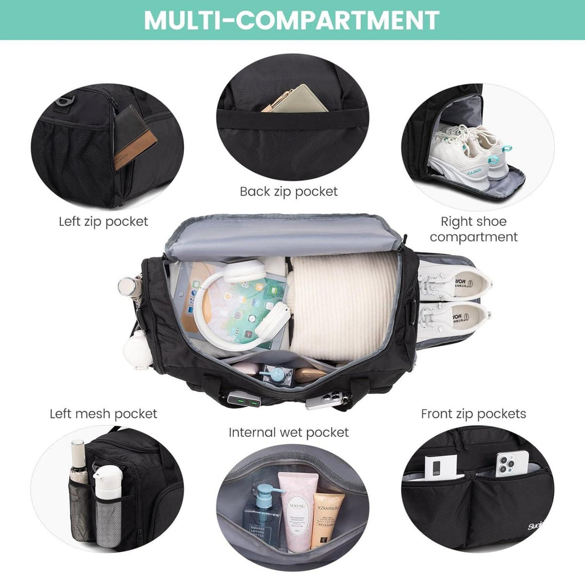 Sucipi Sporttasche Herren Reisetasche Wasserdicht Fitness Training Schwarz
