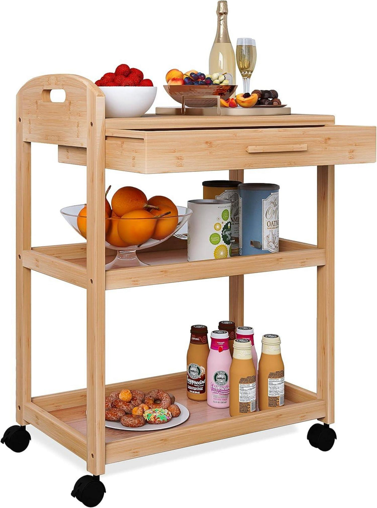 Kücheninsel Wagen Bambus 3-Tier Rollwagen Massivholzplatte & Rollen