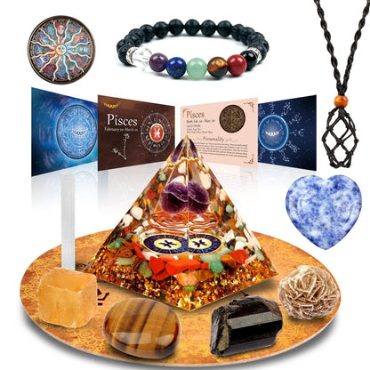 Fische Horoskop Orgonpyramide Geschenkset mit Heilkristallen