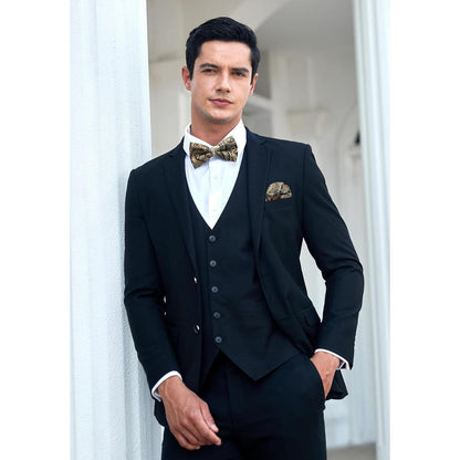 Fliege mit Einstecktuch für Herren – Gold Schwarz
