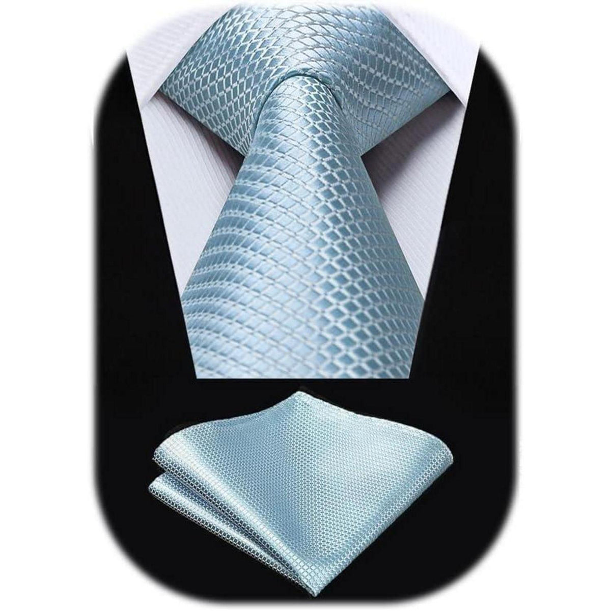 Herren Krawatte & Einstecktuch Set Baby Blau Kariert