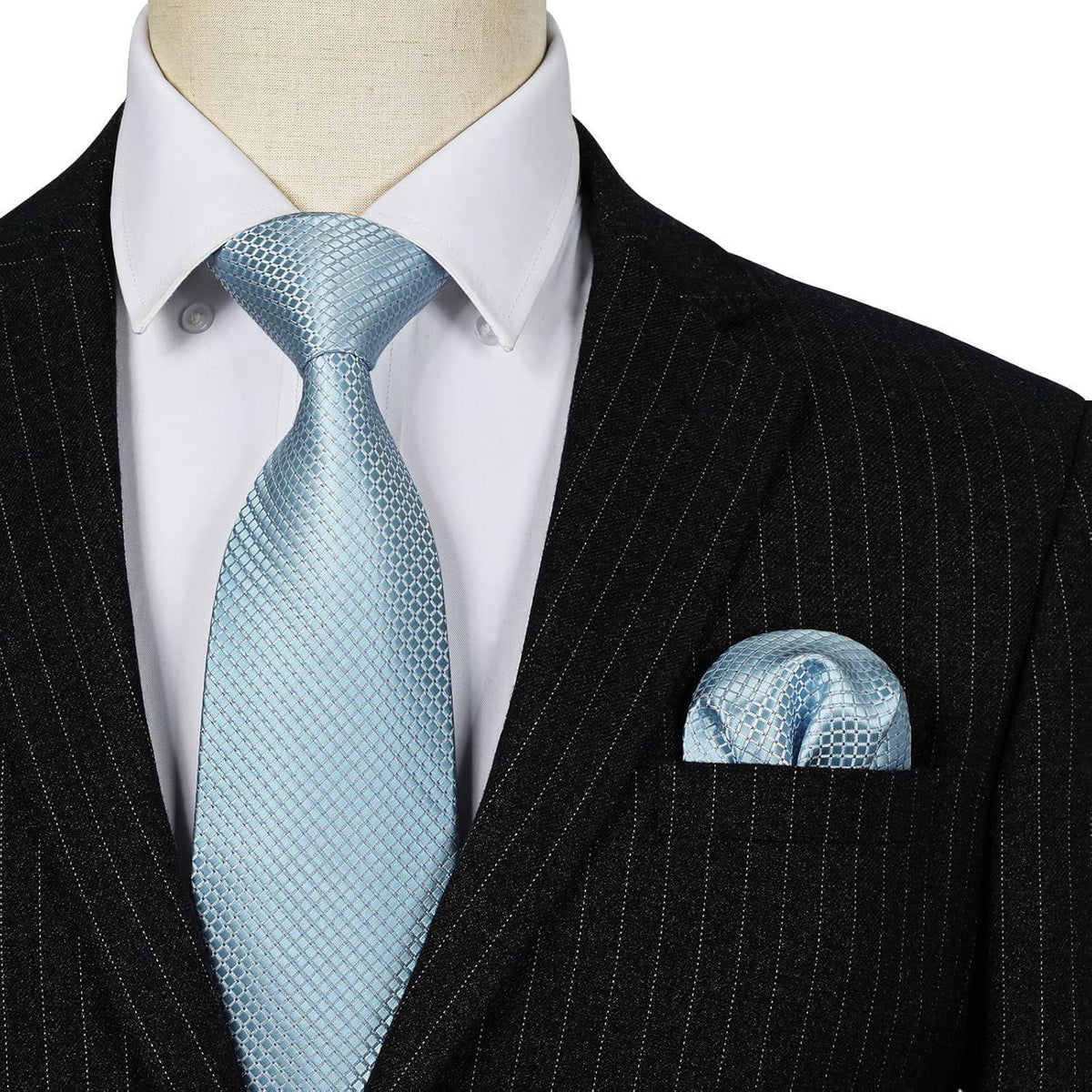 Herren Krawatte & Einstecktuch Set Baby Blau Kariert