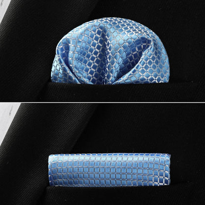 Herren Krawatte & Einstecktuch Set Hellblau Kariert Elegant