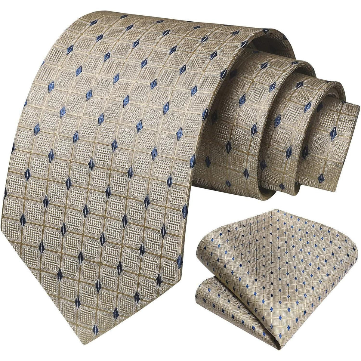 Herren Krawatte & Einstecktuch Set kariert Beige
