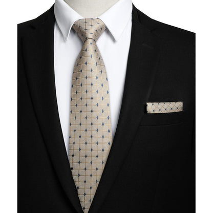 Herren Krawatte & Einstecktuch Set kariert Beige