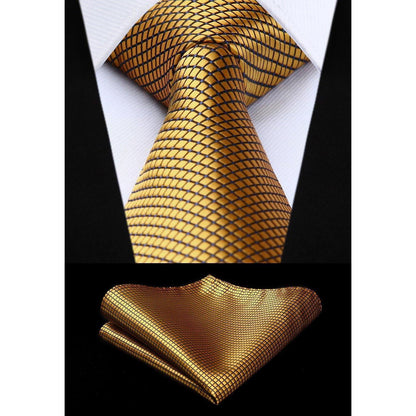 Herren Krawatte & Einstecktuch Set kariert Gold