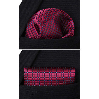 Herren Krawatte & Einstecktuch Set Kariert Burgund