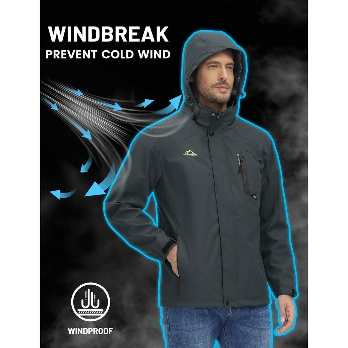 Herren Outdoorjacke leicht wasserabweisend mit Kapuze Kohlengrau XXL