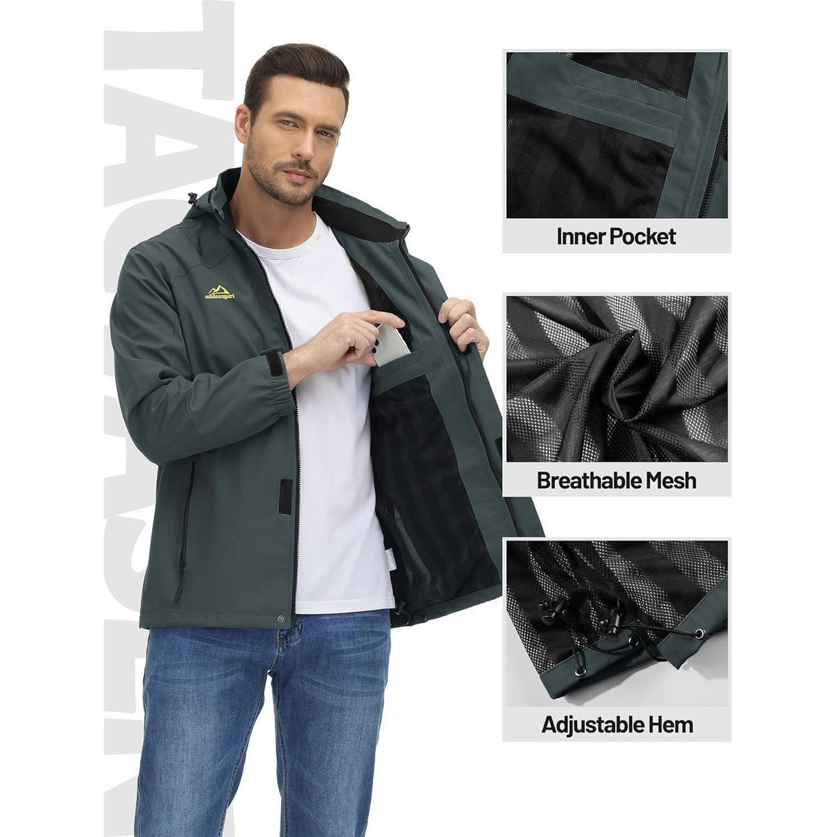Herren Outdoorjacke leicht wasserabweisend mit Kapuze Kohlengrau