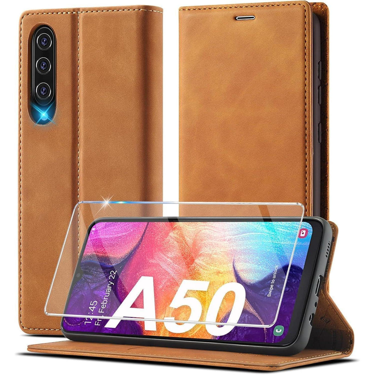 Samsung Galaxy A50 Klapphülle mit Schutzfolie & Kartenfächern in Lederoptik