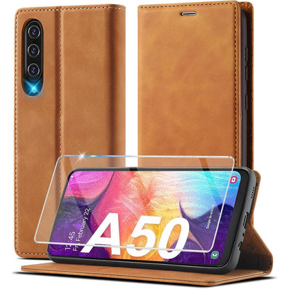 Samsung Galaxy A50 Klapphülle mit Schutzfolie & Kartenfächern in Lederoptik