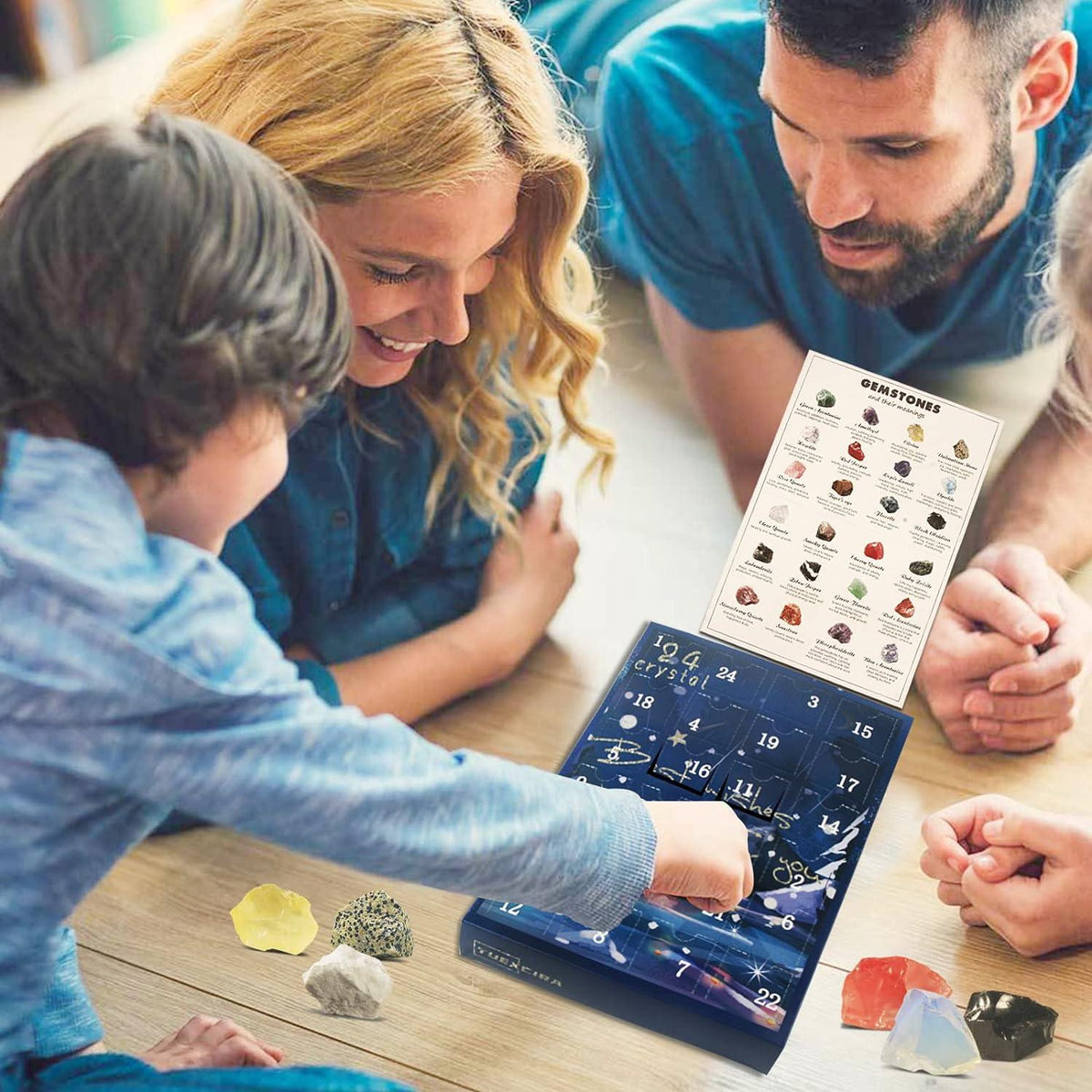 Adventskalender 2024 für Kinder Kristalle Stein Mineralien 24 Tage Weihnachten Blau