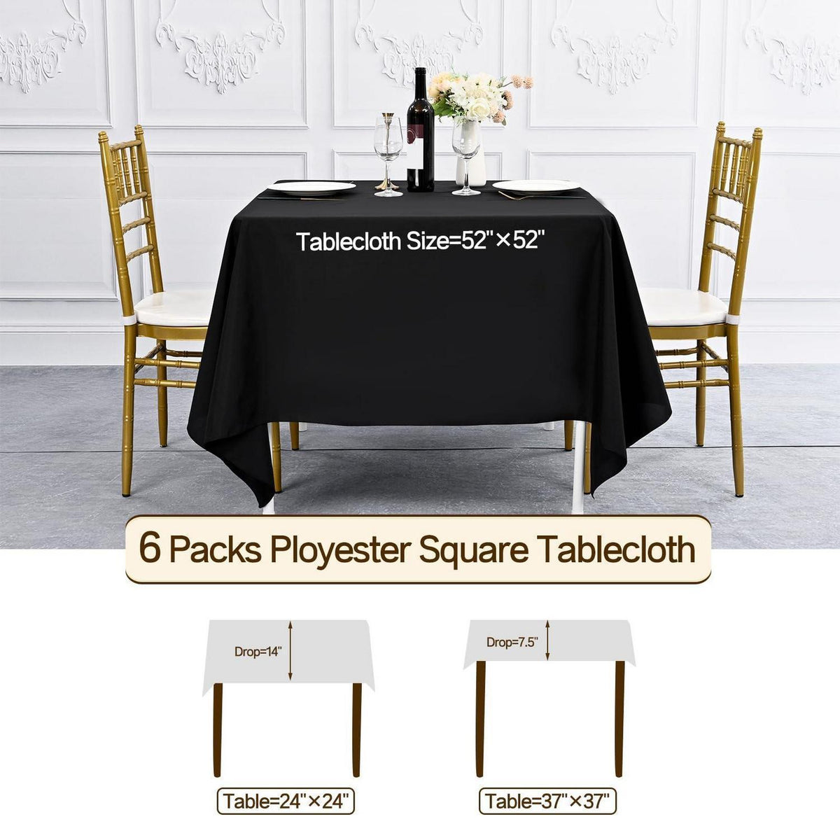 Schwarze Tischdecke 132x132cm - 6er Set | Polyester, Waschbar, Party