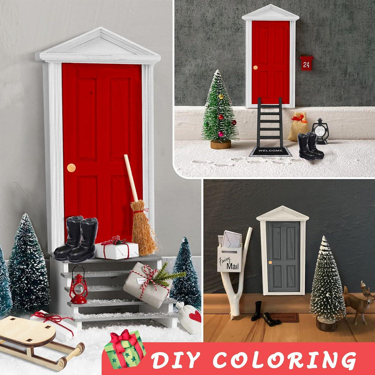 Elfentür Weihnachten Set - Zwerg Haus Deko mit reichem Zubehör - Mini Garten Ornamente & Geschenkbox