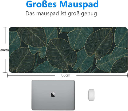 Gaming Mauspad XXL 800x300mm Tropische Blätter Grün Schwarz Vernähte Kanten Anti-Rutsch
