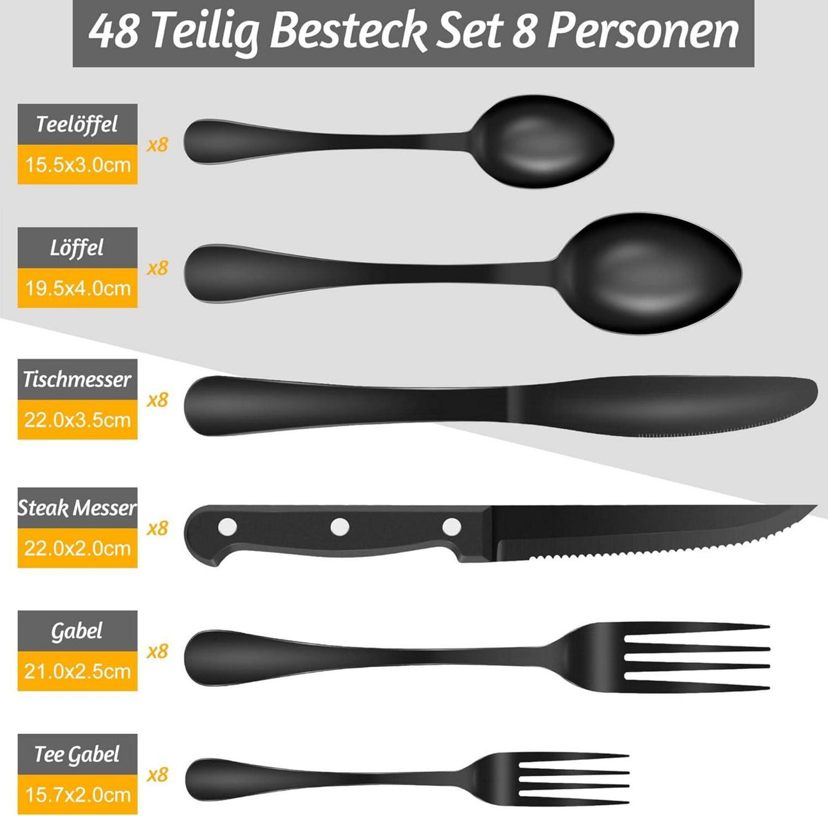 Schwarzes Besteck Set 48-teilig Edelstahl für 8 Personen