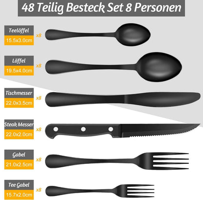 Schwarzes Besteck Set 48-teilig Edelstahl für 8 Personen