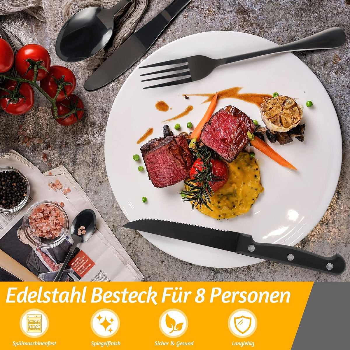 Schwarzes Besteck Set 48-teilig Edelstahl Steakmesser Essbesteck Modern