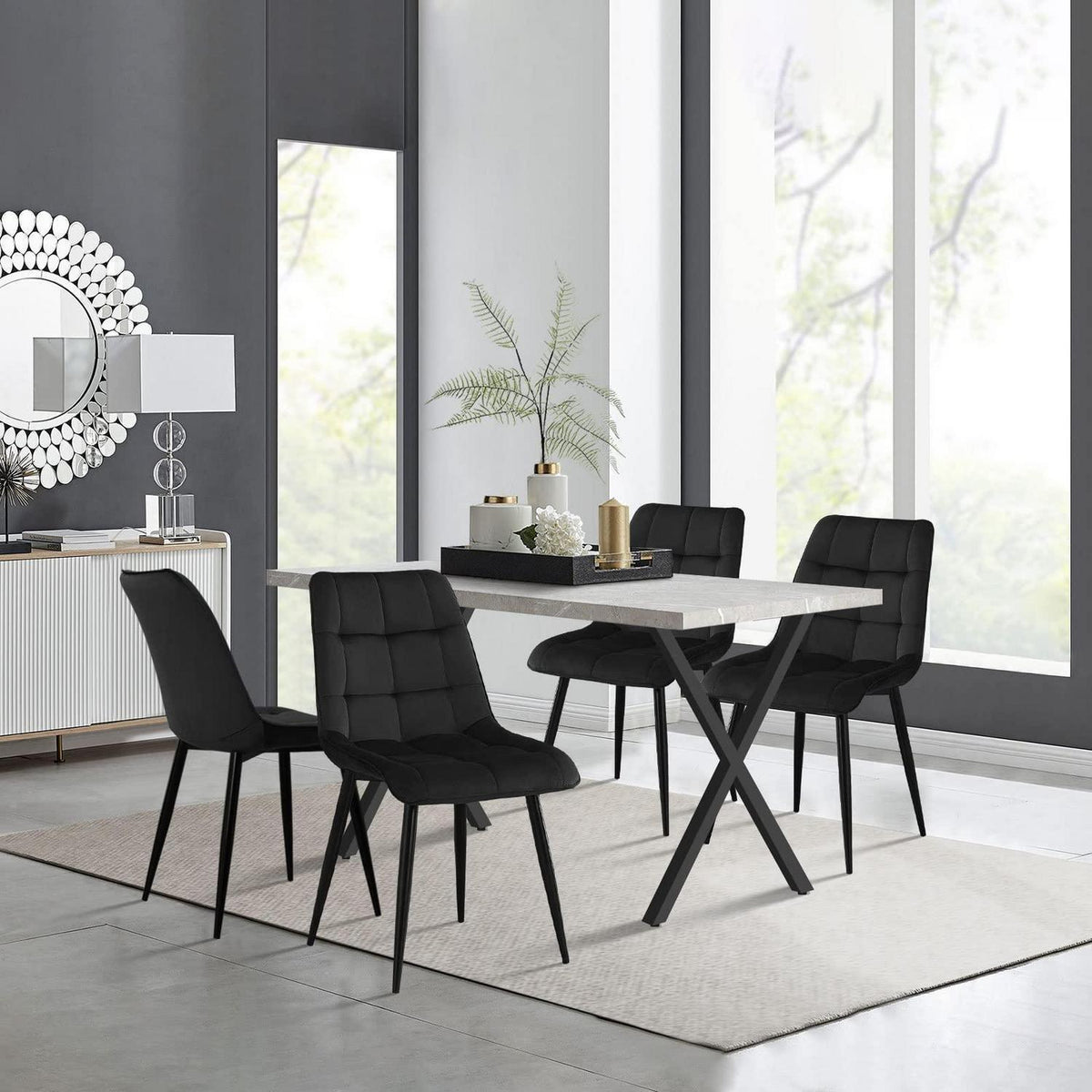 Esstisch Set mit 4 Samtstühlen – Modernes Esszimmer Set (140cm Grau)