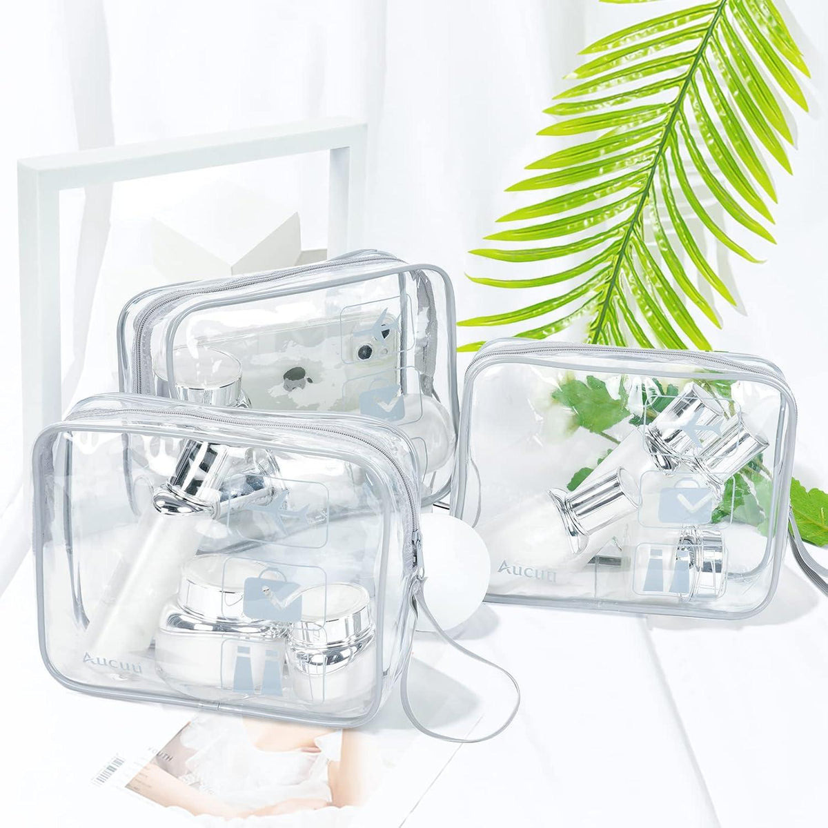 Aucuu 3er Set Transparente Kultur- und Kosmetiktaschen Grau TSA-Zugelassen