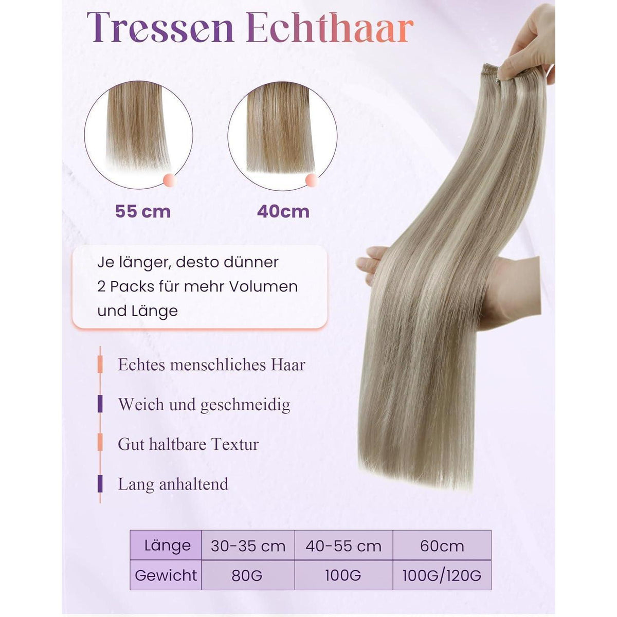 Echthaar Tressen Blond Highlights #P18/613 – 30cm, 80g