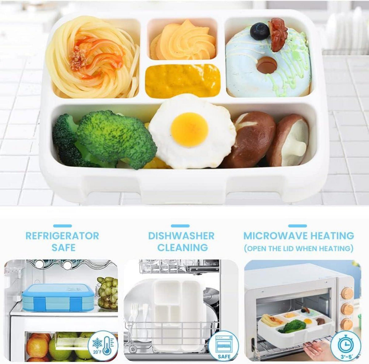 Bugucat Lunchbox 800ML Bento Box Brotdose 5 Fächer Besteckset Mikrowelle Spülmaschinen Brotzeitbox BPA-Free Blau