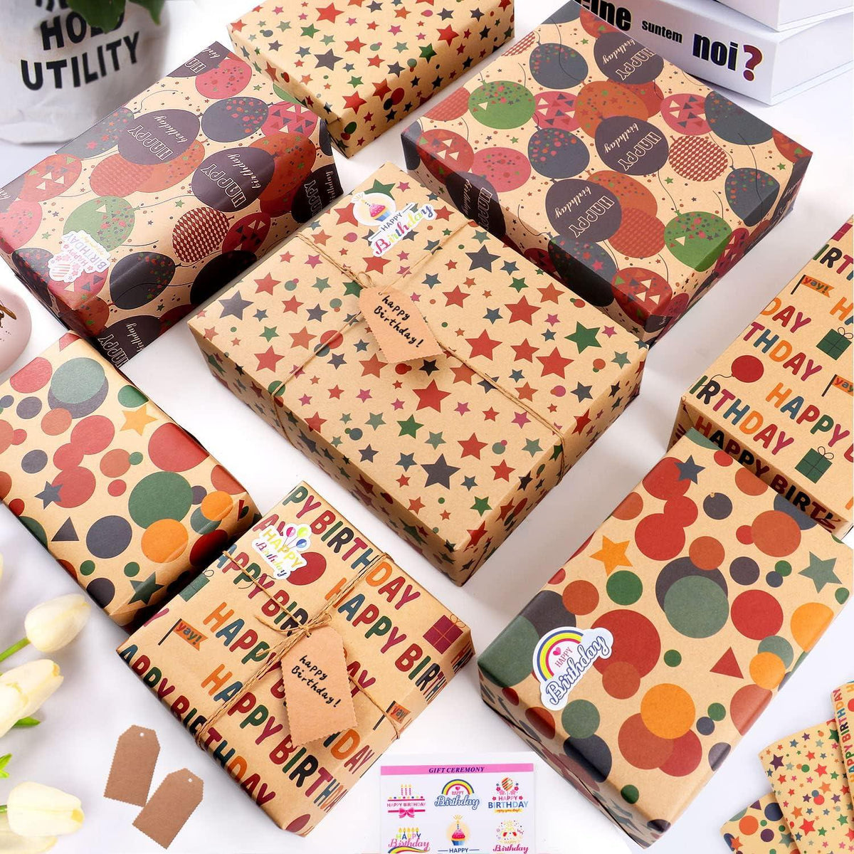 Geburtstags Geschenkpapier Set 6 Stück 70x50cm Kraftpapier