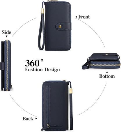 Geldbörse Damen Groß RFID Schutz 14 Kartenfächer Navy Blau