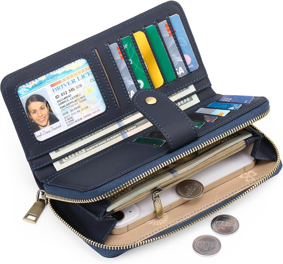 Geldbörse Damen Groß RFID Schutz 14 Kartenfächer Navy Blau