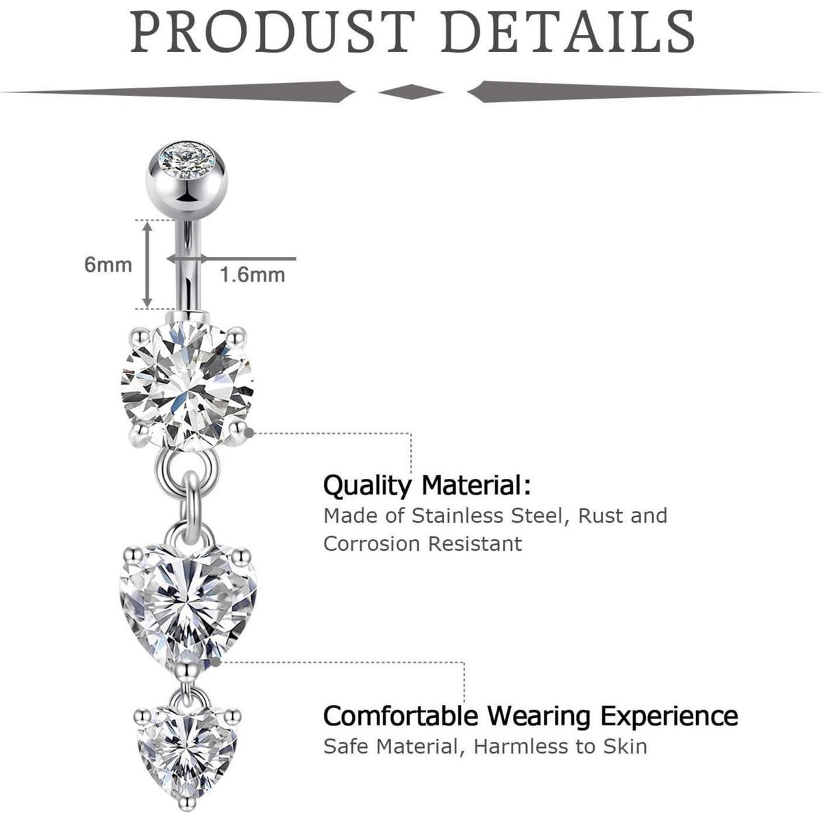 Bauchnabelpiercing 3er Set 6mm Chirurgenstahl Herz Silber
