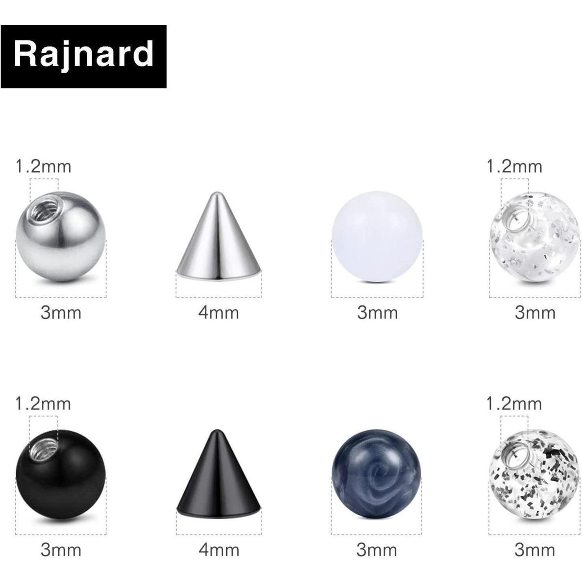 Piercing Ersatzkugeln 32 Stück 16G 3mm Edelstahl & Kunststoff Silber/Schwarz