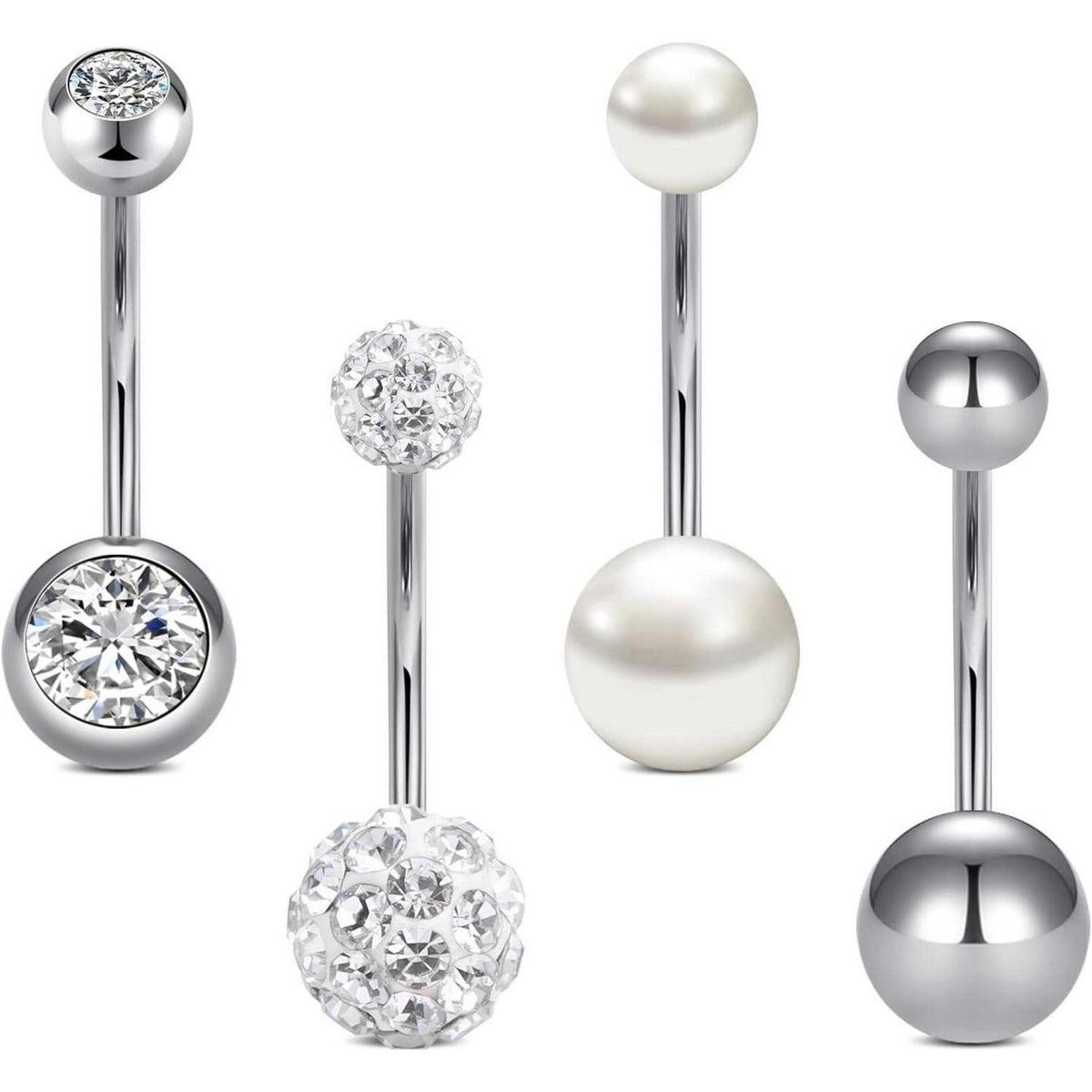 Bauchnabelpiercing Set 4 Stück Edelstahl CZ Perle 14G 14mm