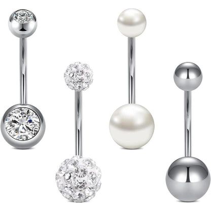 Bauchnabelpiercing Set 4 Stück Edelstahl CZ Perle 14G 14mm