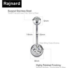 Bauchnabelpiercing Set 4 Stück Edelstahl CZ Perle 14G 14mm