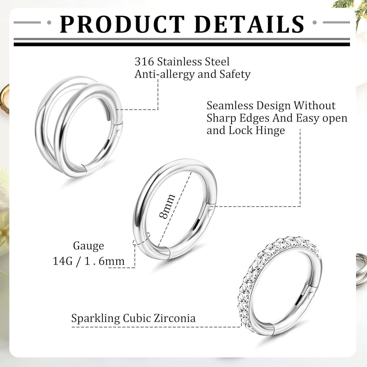 Bauchnabelpiercing Set 3 Stück Chirurgenstahl mit Zirkonia 14G 8mm Gold Silber