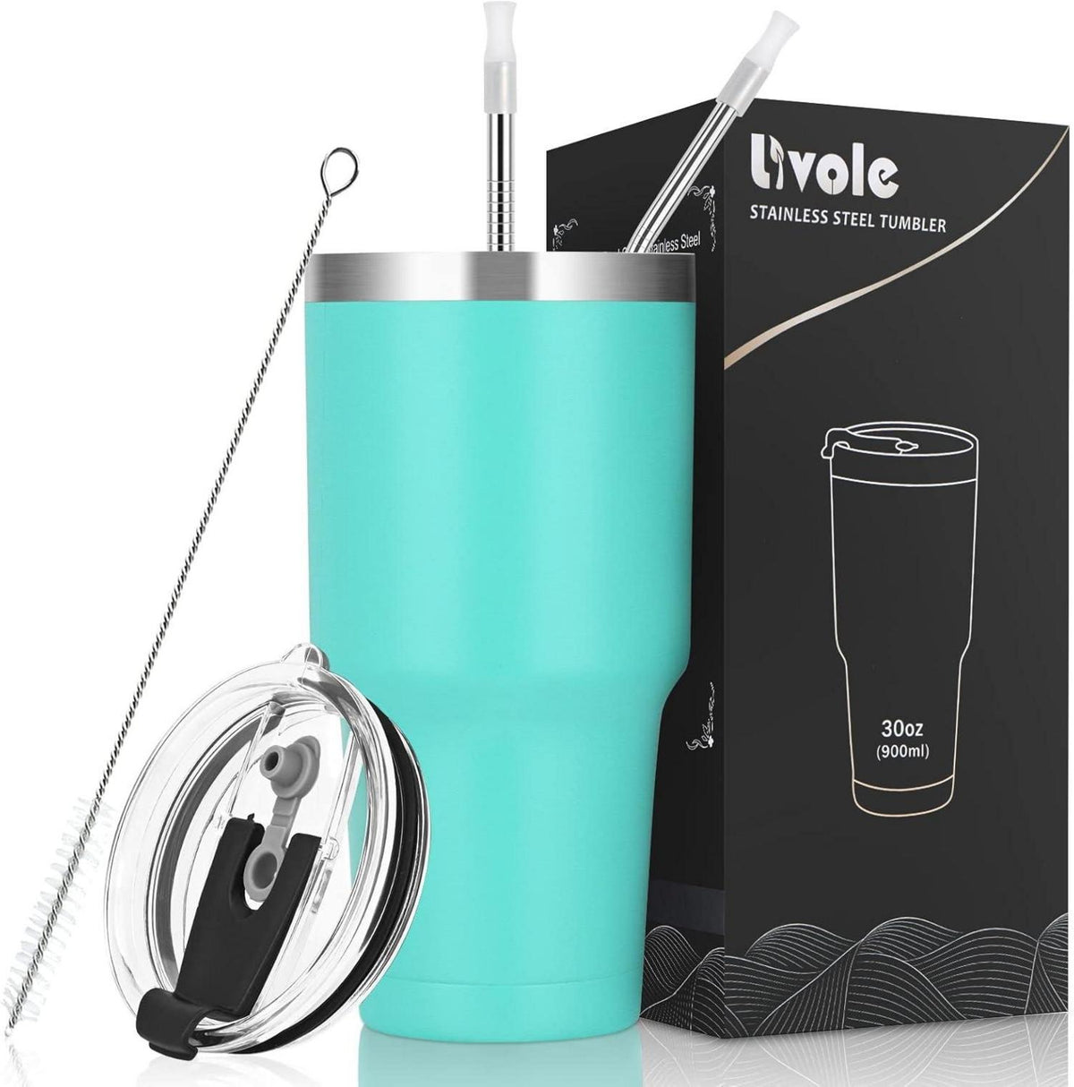 Livole 30oz Thermobecher mit Strohhalm und Zubehör, Türkis