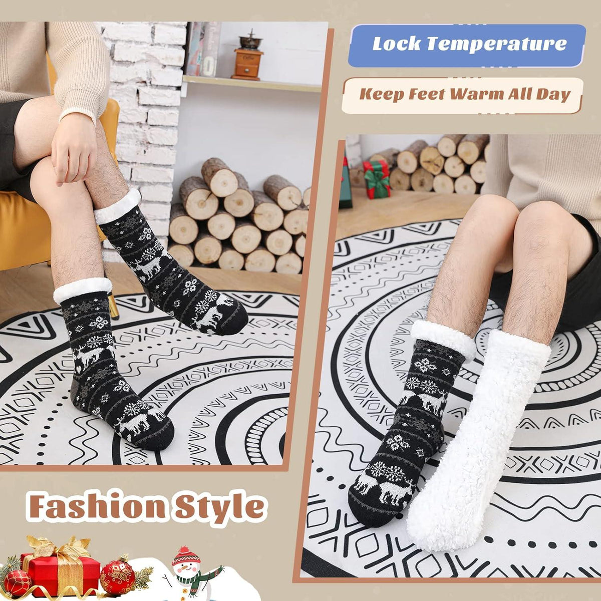 Herren Wintersocken Warm Anti-Rutsch Thermo Flauschig Schwarz